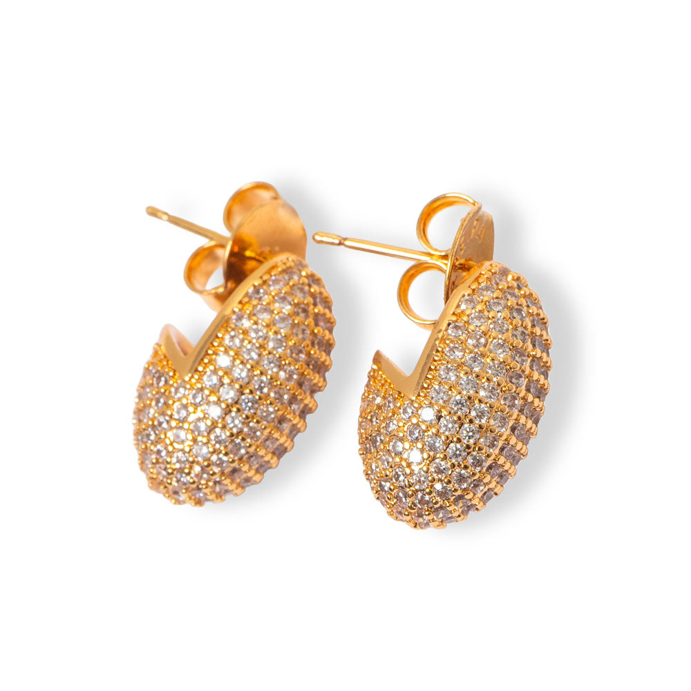 Brinco Madrilina com curvatura arquitetônica espanhola e banho de ouro 18k. Design exclusivo Herreira, produção em Goiânia.