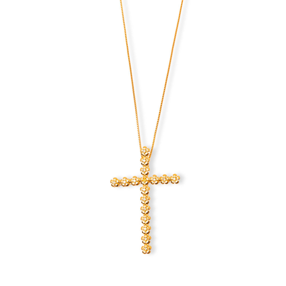 Colar Cruz de Flor com pingente simbólico e banho de ouro 18k. Design Herreira afetivo, produção própria em Goiânia.