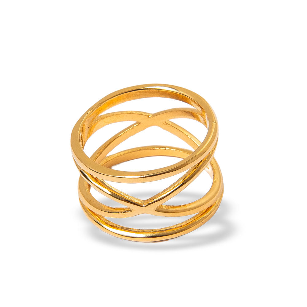 Anel Bella Falconi em linhas minimalistas, banho ouro 18k. Aliança contemporânea Herreira,